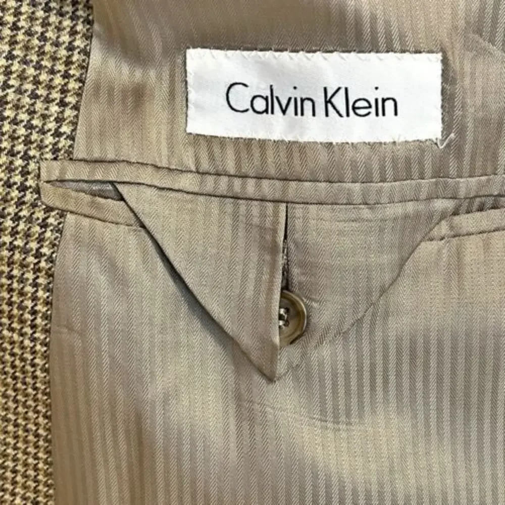 Calvin Klein Houndstooth Sport Coat 46R Brown‎ Tan Silk Wool Linen Blazer Jacket